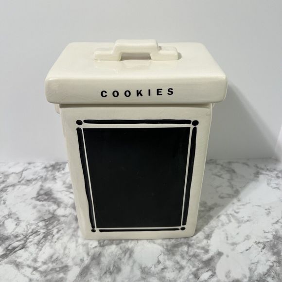 VTG Ceramic COOKIES Cookie Jar Canister With Chalkboard Black & White Farmhouse - Picture 1 of 15